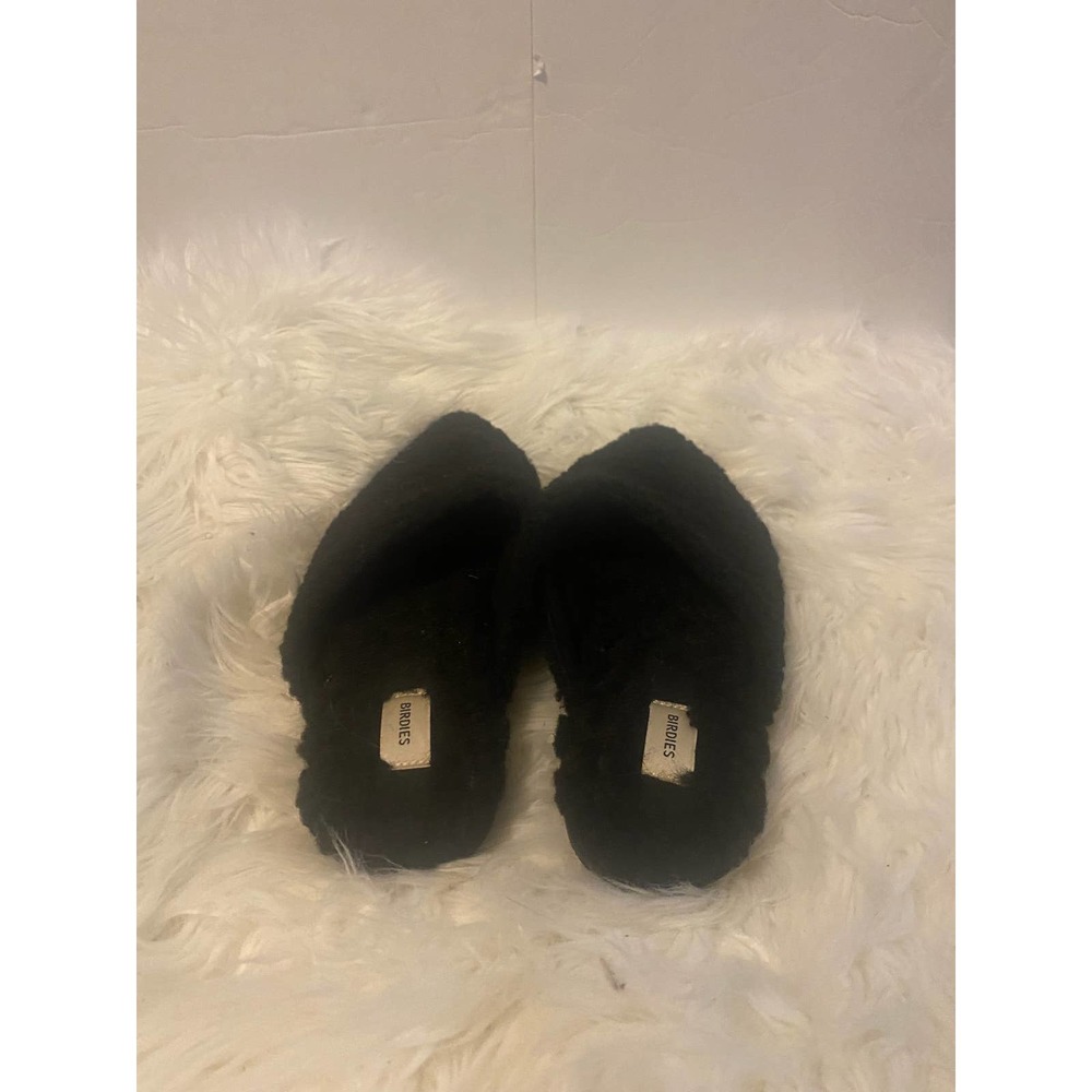 Birdie Phoebe Black Faux Fur Slide, size 7